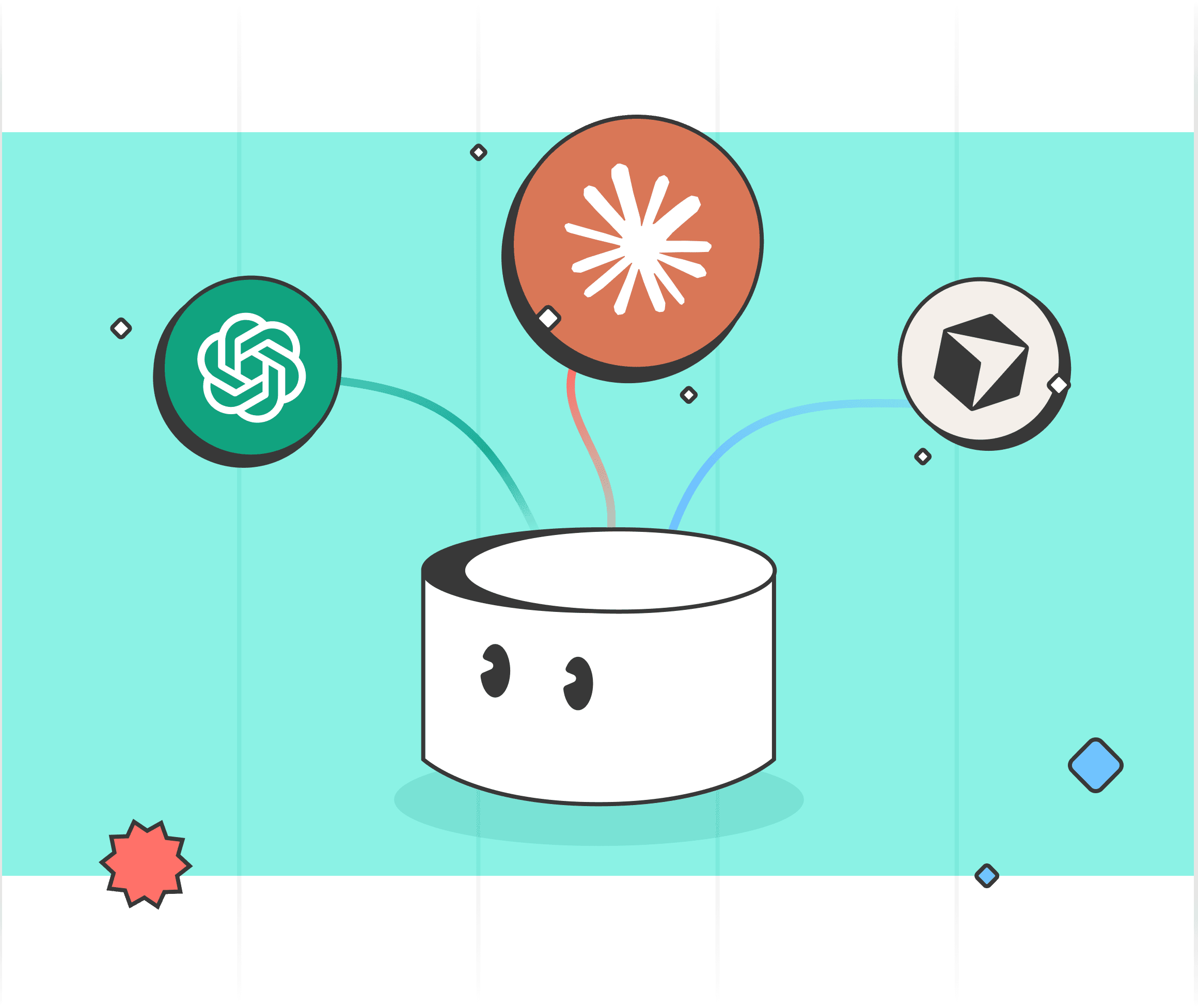 Illustration of a MotherDuck database connected to multiple AI agents including Claude, ChatGPT, and Cursor