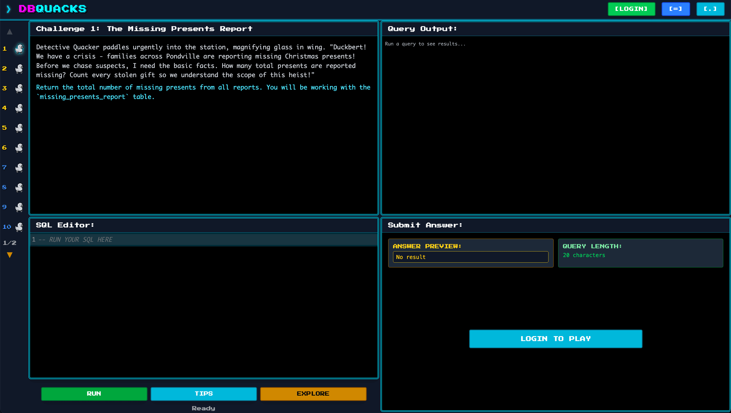 Screenshot of a dark-mode data platform displaying a "Missing Prospectus Report" challenge.