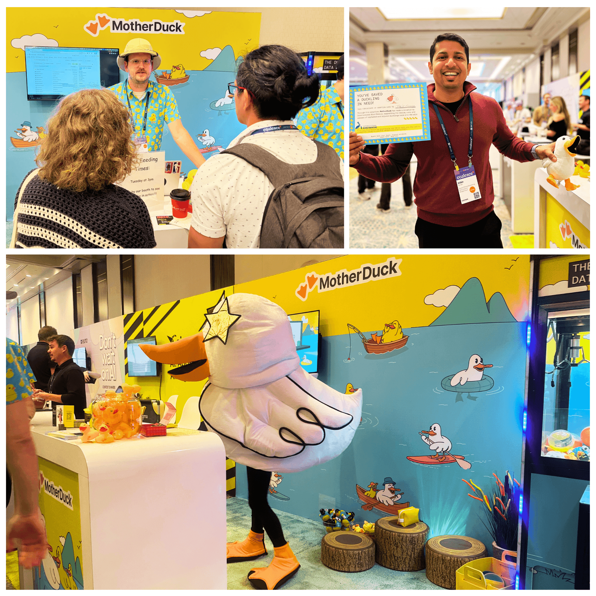 A collage of attendees at the MotherDuck booth, including a duck mascot and interactions.
